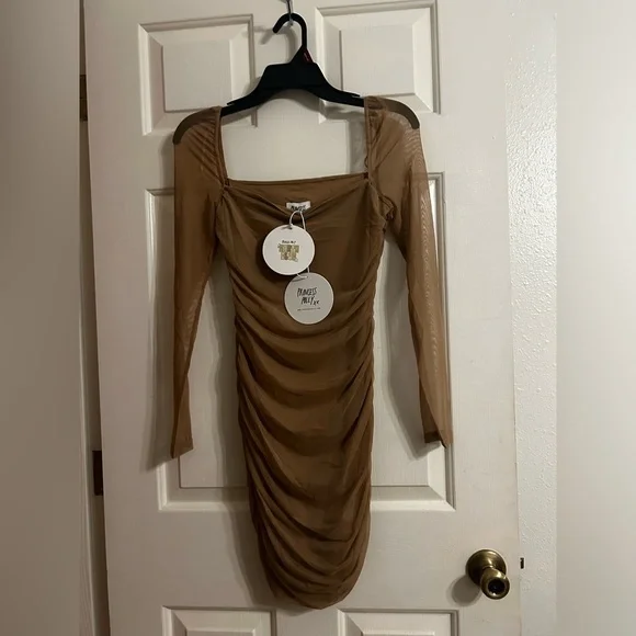 NWT Princess Polly Charvi Long Sleeve Mini Dress Beige - Picture 2 of 8